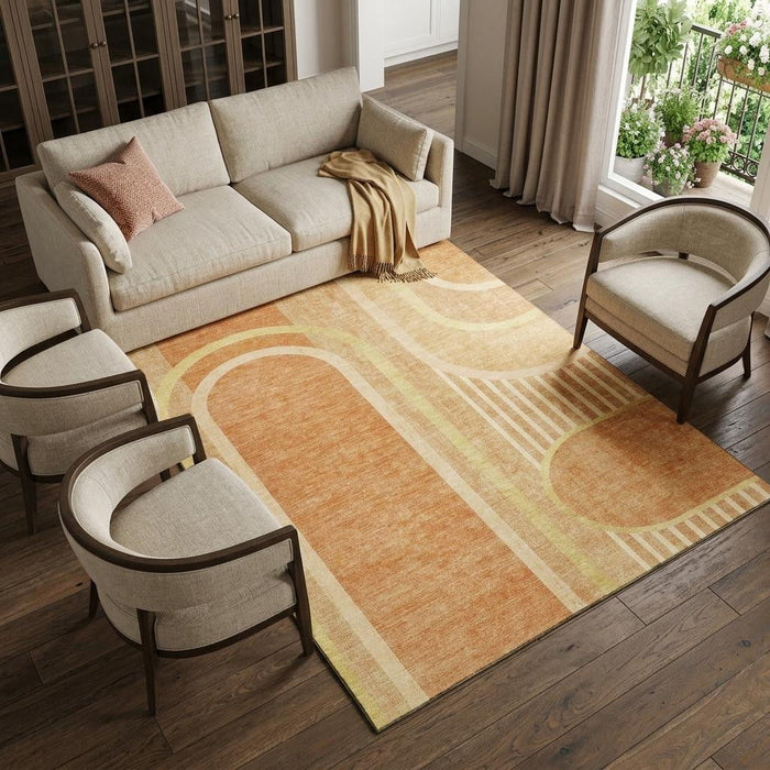 10' X 14' Geometric Washable Area Rug With UV Protection (647944) - Terra Cotta / Gold