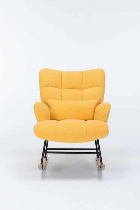 Giga yellow teddy upholstered nursery rocking chair with high backrest, modern glider recliner for living room and reading space.