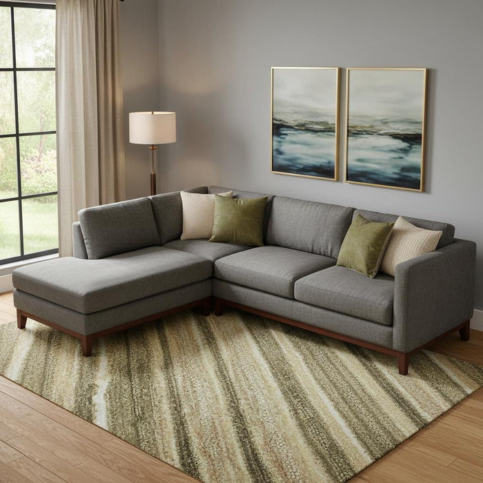 10' X 14' Striped Washable Area Rug With UV Protection (697710) - Fern Green / Gray / Ivory