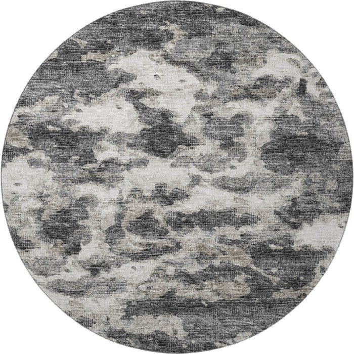 8' Abstract Washable Round Rug With UV Protection - Black And Ivory