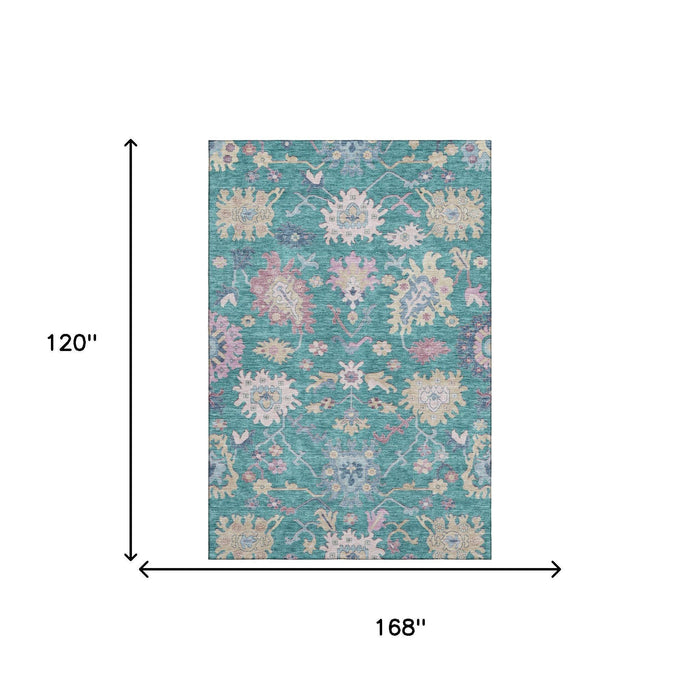 10' X 14' Floral Washable Area Rug With UV Protection (686987) - Teal / Beige / Pink