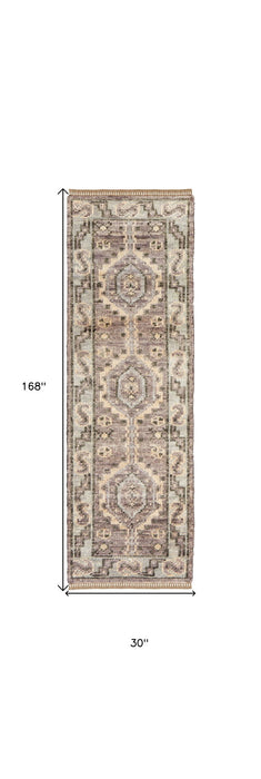 14' Wool Geometric Hand Knotted Runner Rug With Fringe - Ivory Gray And Brown