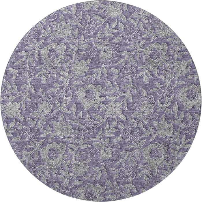 8' Floral Washable Round Rug With UV Protection - Eggplant And Gray
