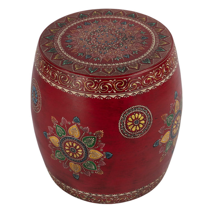 18" Iron Hand Painted Floral Round Drum End Table - Red