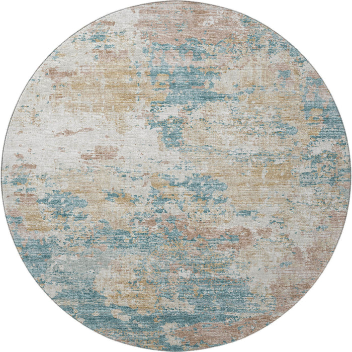 8' Copper Abstract Washable Round Rug With UV Protection - Teal Blue