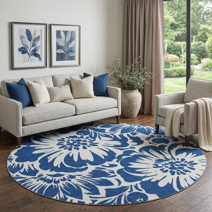 8' Floral Washable Round Rug With UV Protection (648667) - Navy Blue / Ivory