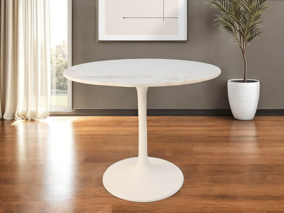 36" Rounded Marble And Iron Pedestal Base Dining Table - White