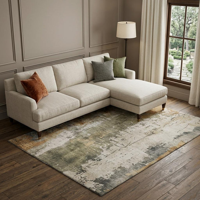 10' X 14' Abstract Washable Area Rug With UV Protection (696020) - Olive Green / Copper / Ivory