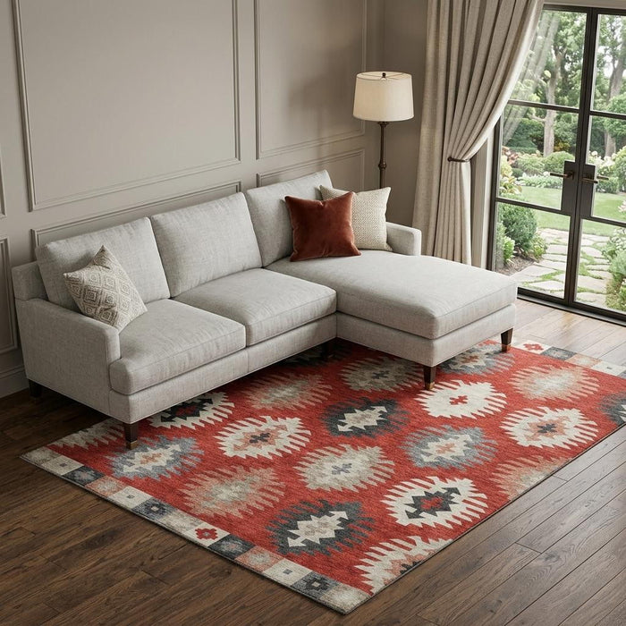 10' X 14' Southwestern Washable Area Rug With UV Protection (677657) - Red / Ivory / Gray