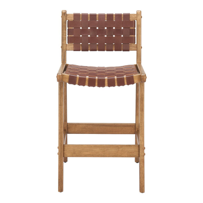 Leather And Solid Wood Low Back Counter Height Bar Chair - Brown