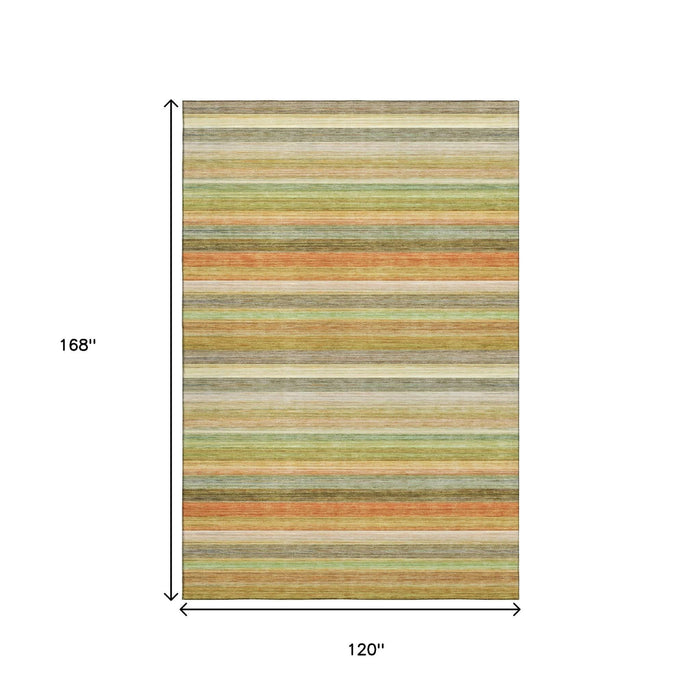 10' X 14' Striped Washable Area Rug With UV Protection (648040) - Fern Green / Orange / Beige