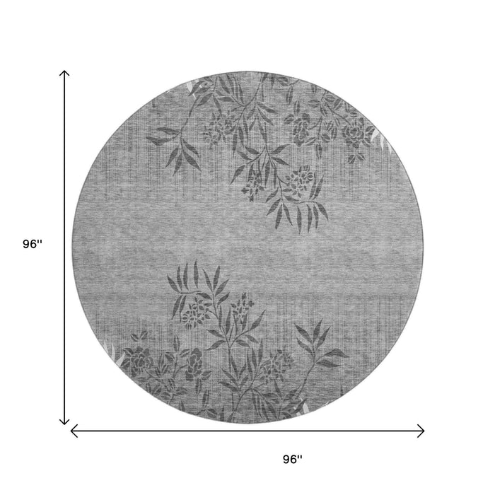 8' Floral Washable Round Rug With UV Protection (655665) - Pewter / Ivory