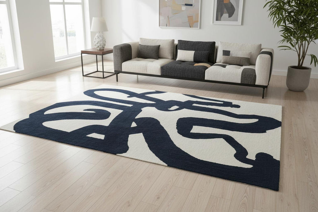 8' Abstract Washable Round Rug With UV Protection (610021) - Beige / Blue