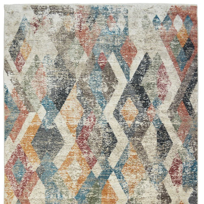 8' x 10' Geometric Distressed Area Rug With Fringe - Beige Blue And Gray