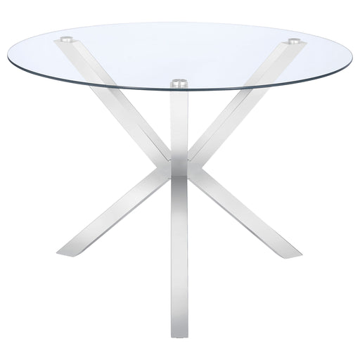 Vance Round 41-inch glass top dining table with chrome base and asterisk-shaped design, modern furniture by CoasterEveryday