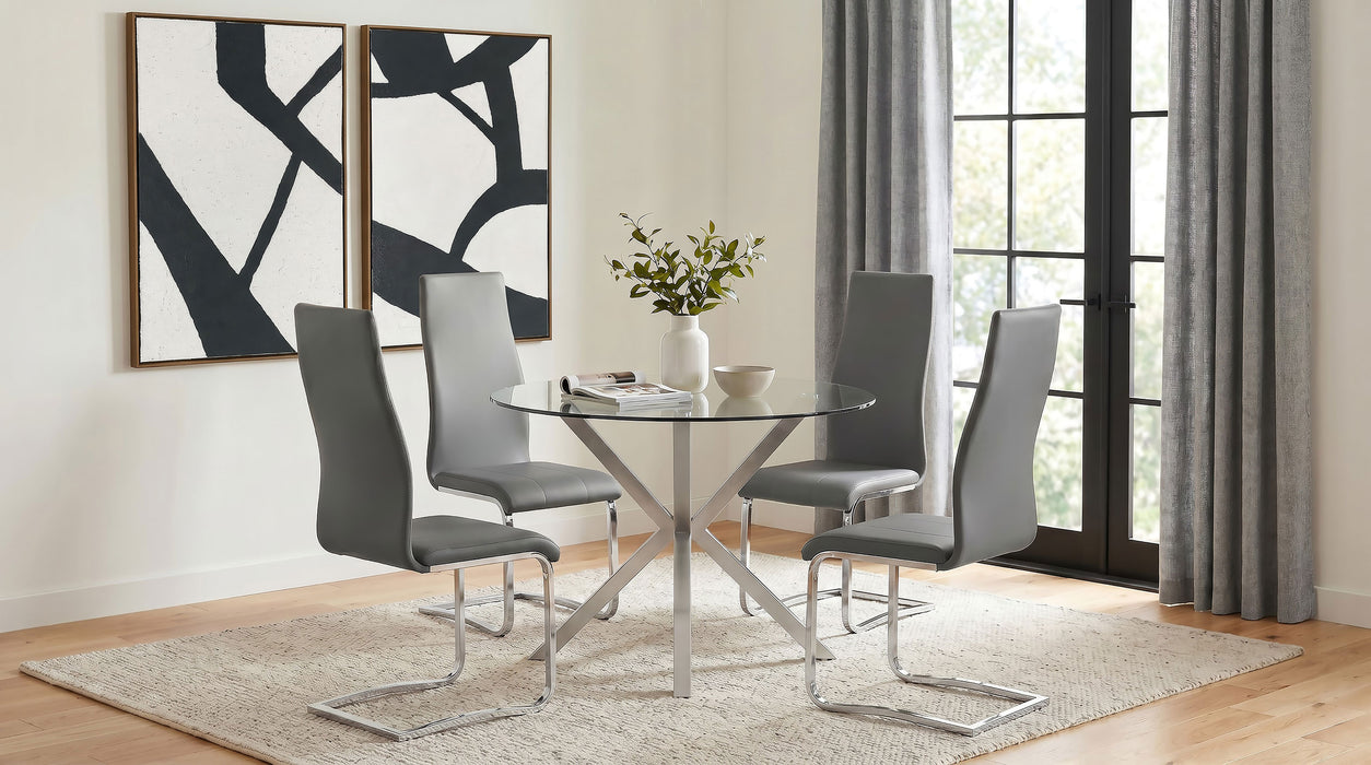 CoasterEveryday Vance round 41-inch glass top asterisk dining table with chrome legs, modern furniture for dining room decor.