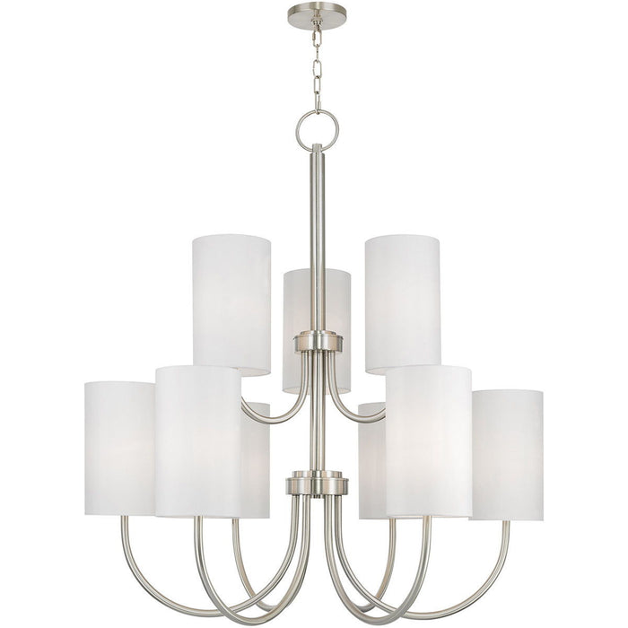 HomeRoots 49-inch nine-light metal chandelier with shades, dimmable, nickel finish and off-white shades for elegant lighting.