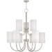 HomeRoots 49-inch nine-light metal chandelier with shades, dimmable, nickel finish and off-white shades for elegant lighting.
