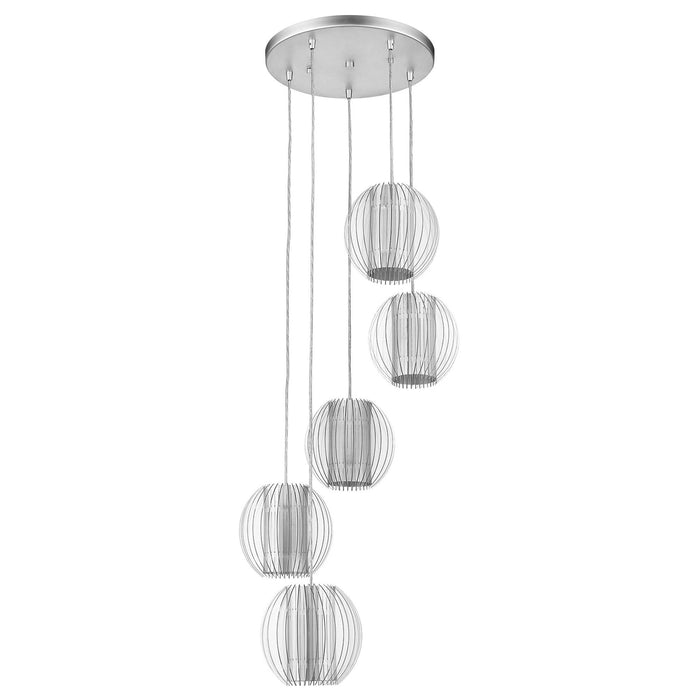 Five Light Acrylic And Steel Shade Hanging Globe Light - Silver
