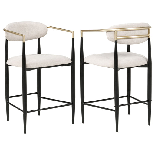 Set of two beige Tina fabric upholstered counter chairs with wooden legs, modern and comfortable for kitchen or bar seating.