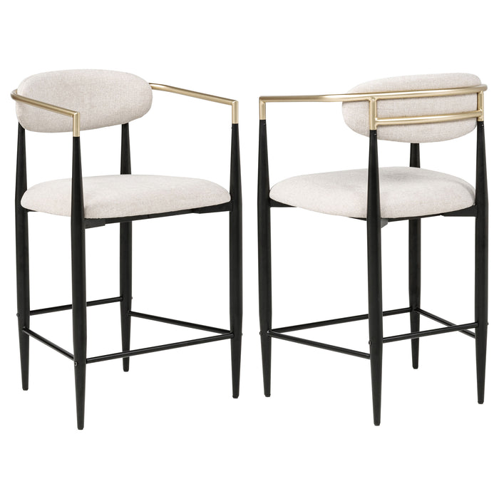 Set of two beige Tina fabric upholstered counter chairs with wooden legs, modern and comfortable for kitchen or bar seating.