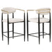 Set of two beige Tina fabric upholstered counter chairs with wooden legs, modern and comfortable for kitchen or bar seating.