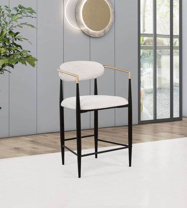 Set of two beige Tina fabric upholstered counter chairs by CoasterEveryday, featuring cushioned seats and modern design.
