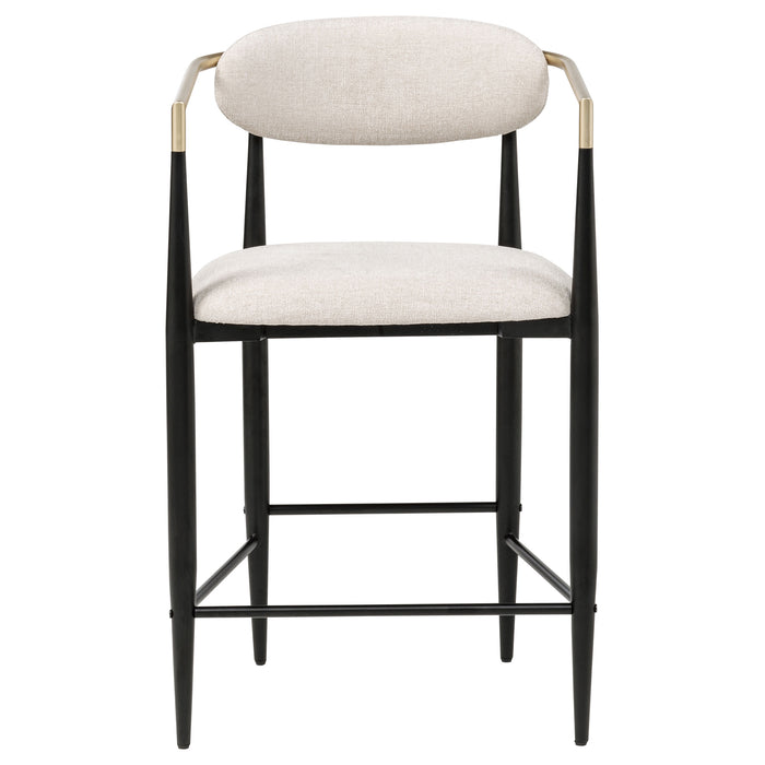 Set of two beige Tina fabric upholstered counter chairs with modern design and wooden legs, ideal for kitchen or bar seating.