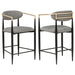 Two grey Tina fabric upholstered counter chairs with wooden legs, designed for modern kitchen or bar seating.