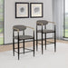 Pair of CoasterEveryday Tina fabric upholstered counter chairs in grey with cushioned seats and wooden legs.