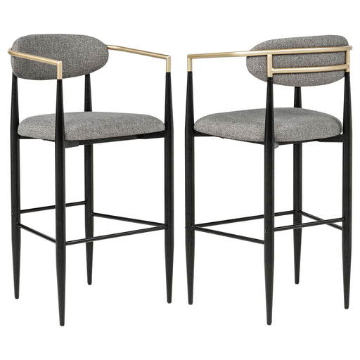 Set of two grey Tina fabric upholstered bar chairs by CoasterEveryday, showcasing modern design and cushioned seats.