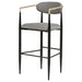 Set of two grey Tina fabric upholstered bar chairs with wooden legs, modern furniture for kitchen or bar area.