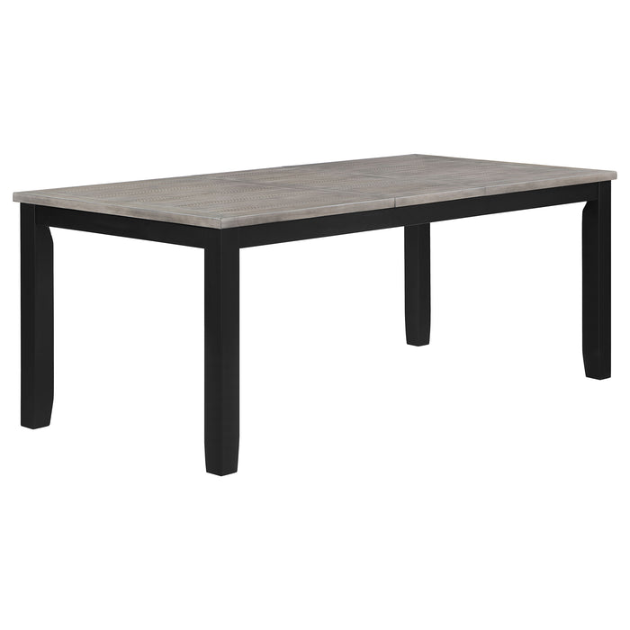 CoasterEveryday Elodie 5-piece rectangular extension leaf dining set in grey and black with chairs and table, stylish modern furniture.