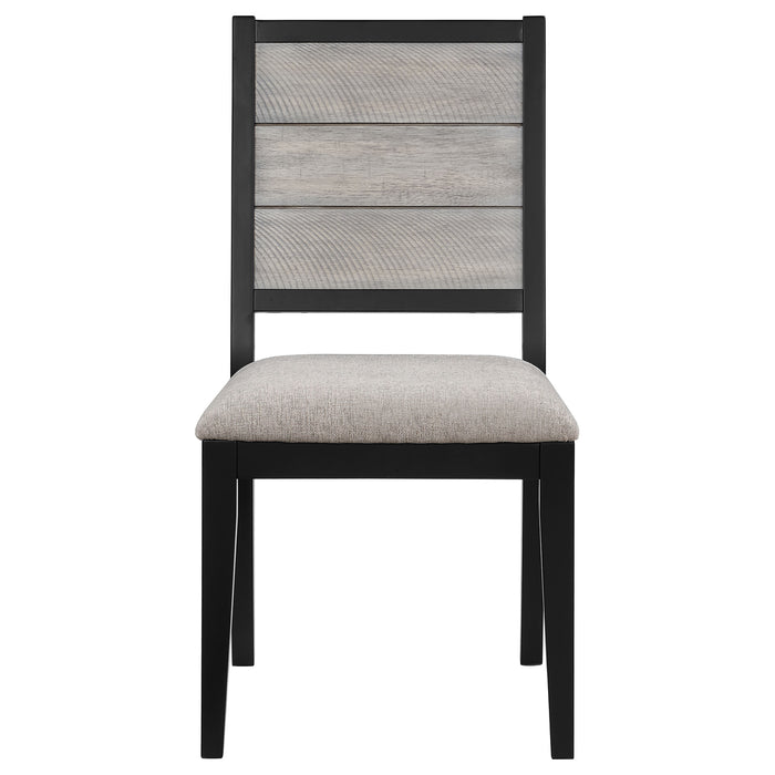 Elodie 5-piece rectangular extension leaf dining set by CoasterEveryday featuring grey and black furniture with table and chairs.