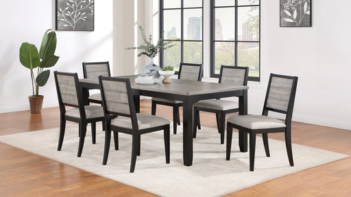 Elodie 7-piece rectangular extension leaf dining set in grey and black, featuring a modern furniture design for dining room use.