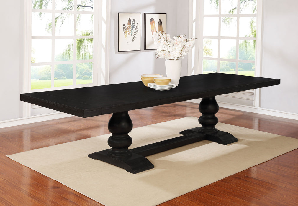 CoasterEssence Phelps 123-inch extension leaf dining table in distressed noir finish, showing the wooden surface and extended leaf.
