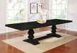 CoasterEssence Phelps 123-inch extension leaf dining table in distressed noir finish, showing the wooden surface and extended leaf.