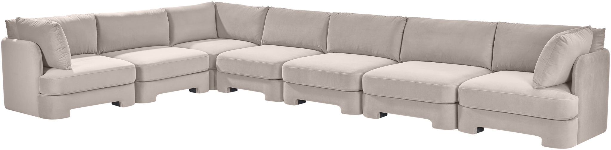 Meridian Furniture velvet 7-piece sectional sofa with upholstered cushions and modern stationary design in a stylish living room setting.