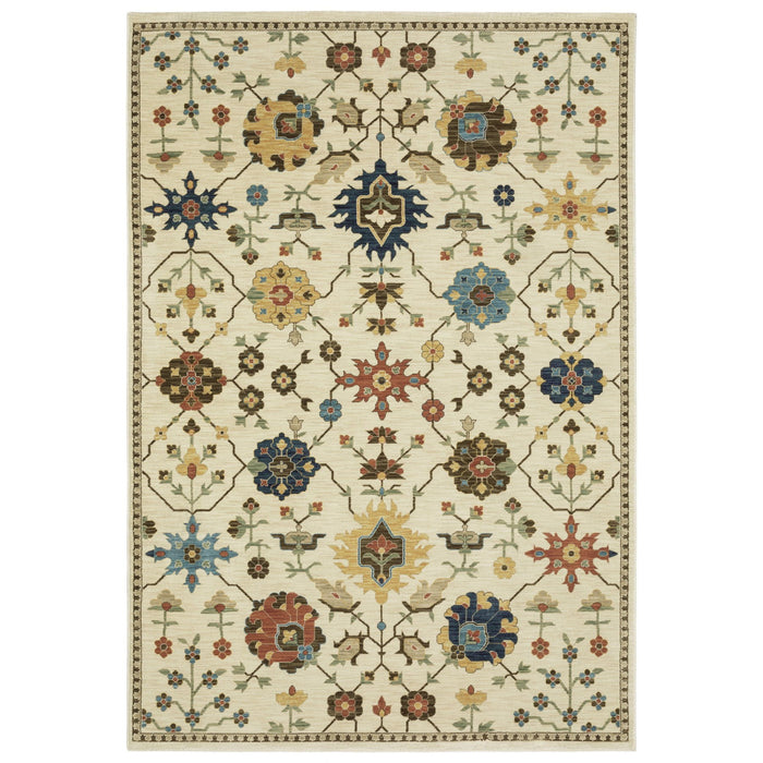 7' X 10' Oriental Area Rug With Fringe - Ivory And Gold
