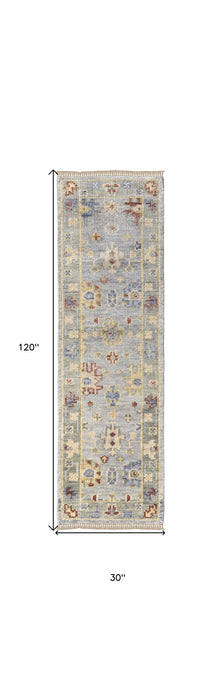10' Wool Floral Hand Knotted Runner Rug With Fringe - Light Blue And Taupe