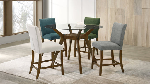 CoasterEveryday Paxton 5-piece round glass top counter height dining set with beige furniture and matching chairs on a modern kitchen background.