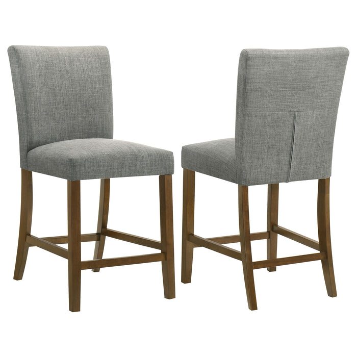 Set of two CoasterEveryday grey upholstered counter height dining chairs with padded seats and high backs.