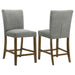 Set of two CoasterEveryday grey upholstered counter height dining chairs with padded seats and high backs.