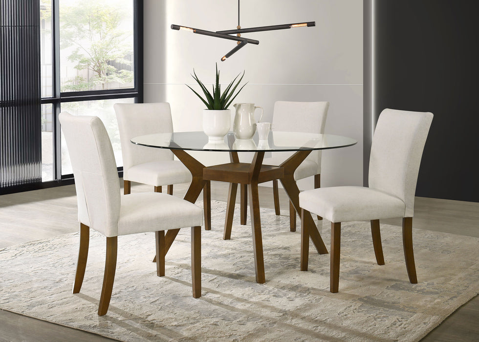 Paxton 5-Piece Round Glass Top Dining Set with Beige Parsons Chairs