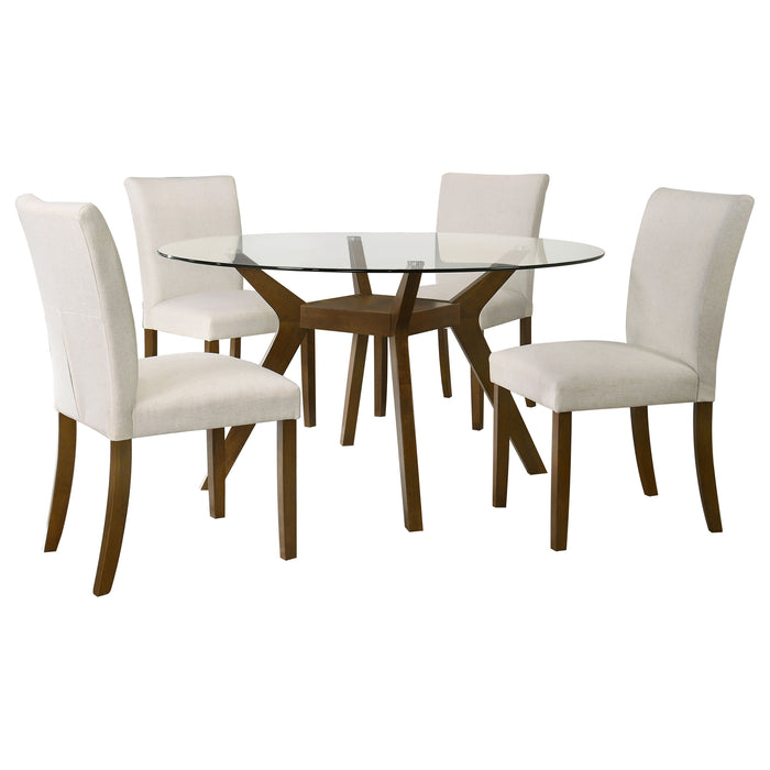 Paxton 5-Piece Round Glass Top Dining Set with Beige Parsons Chairs