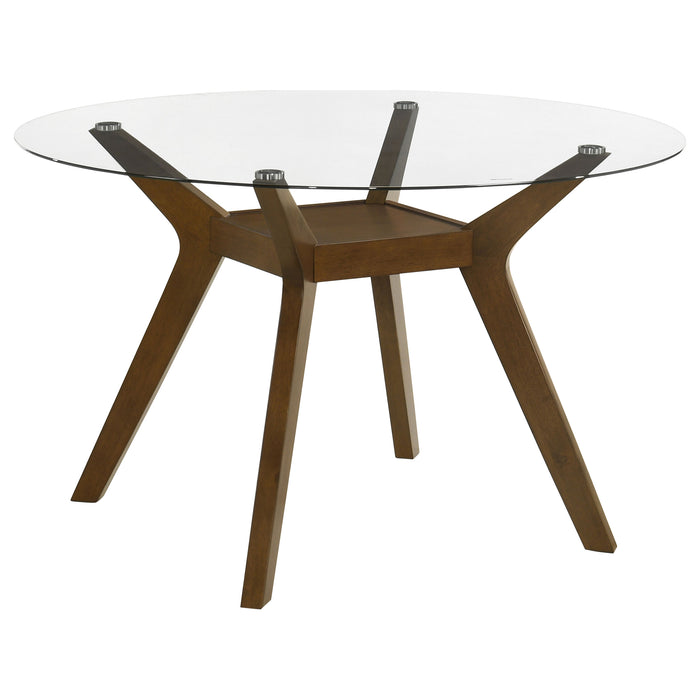 Paxton 5-Piece Round Glass Top Dining Set with Beige Parsons Chairs