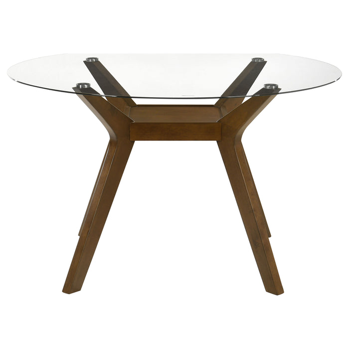 Paxton 5-Piece Round Glass Top Dining Set with Beige Parsons Chairs