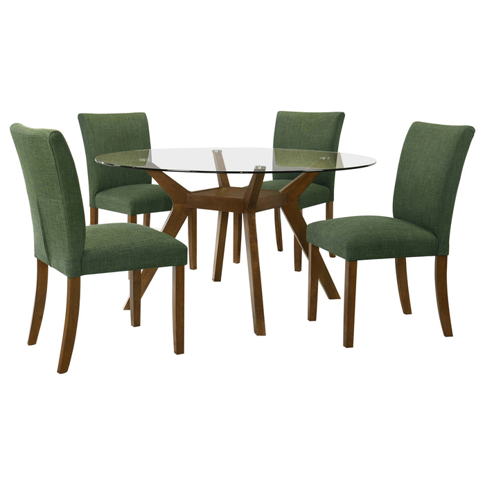 Paxton 5-Piece Round Glass Top Dining Set with Green Parsons Chairs