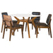 CoasterEveryday Paxton 5-piece round glass top dining table set with brown finish, including table and matching chairs.