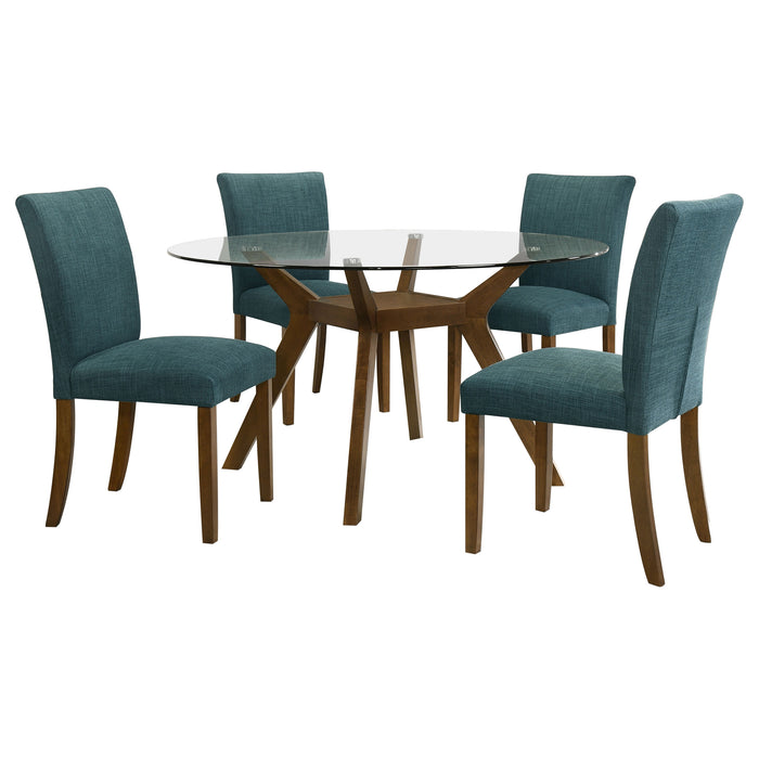 Paxton 5-Piece Round Glass Top Dining Set with Teal Blue Parsons Chairs